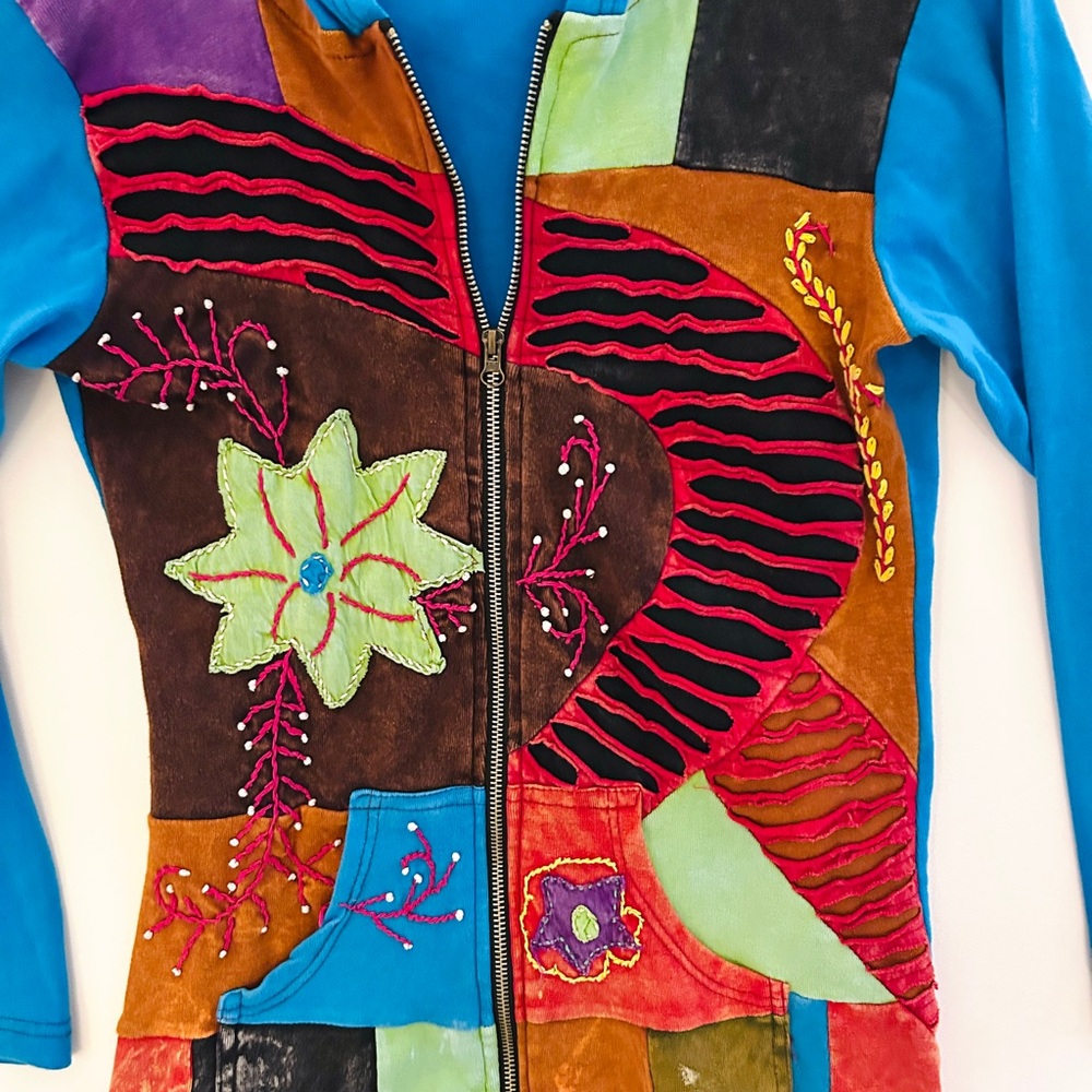 Handcrafted Patchwork Zip Hoodie Size Small - image 5